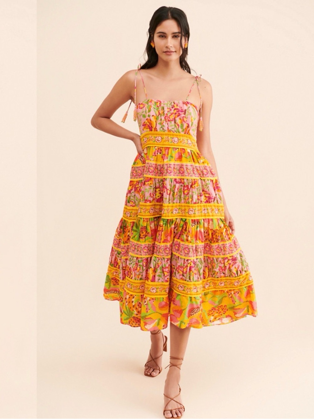 Farm Rio Mixed Fruits Paradise Tiered Midi Dress